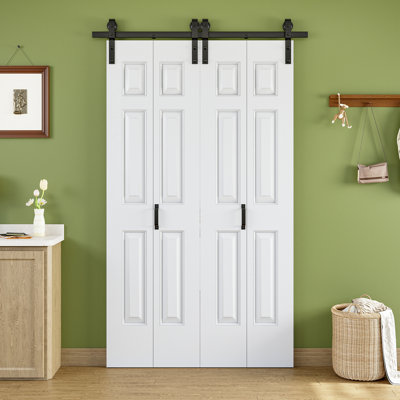 48"x84'' Closet style 6 Paneled Manufactured Wood Paneled double Bifold Sliding Barn Door with Installation Hardware Kit