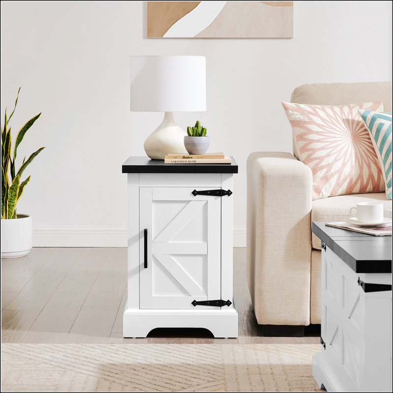 Rectangular Farmhouse End Table With Barn Door And Adjustable Storage Shelf, White