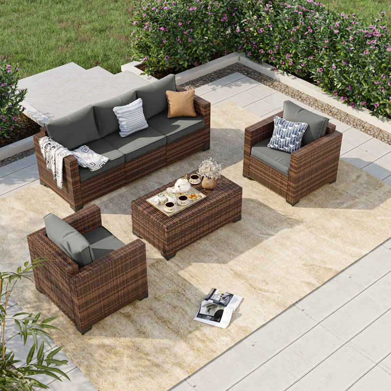 4-Pieces Wide Armrest Outdoor Sectional Rattan Conversation Set with Storage Table., Gray