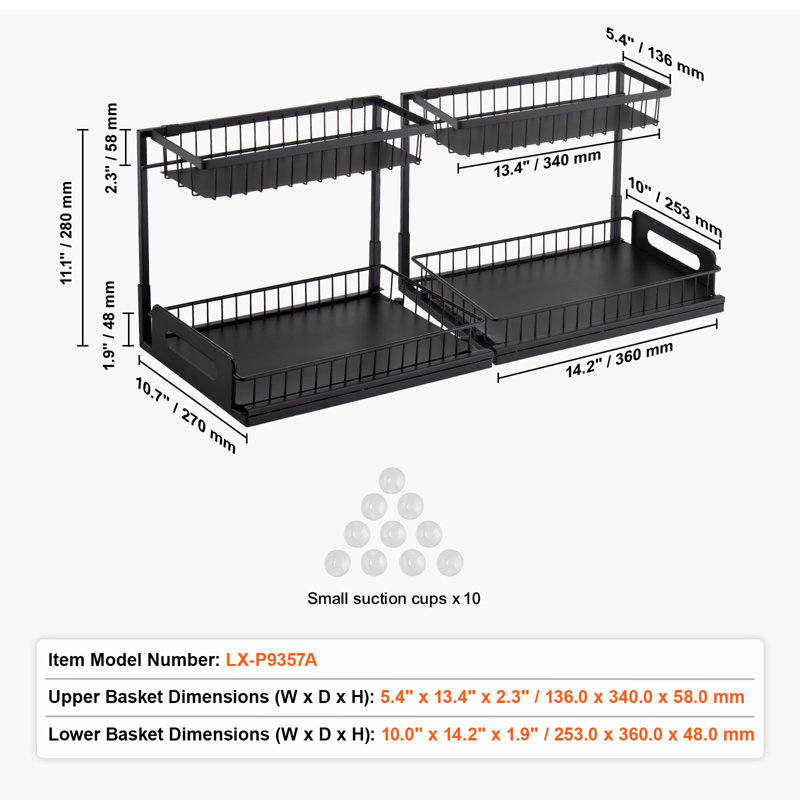 Organisateur de placard coulissant à 2 niveaux (27,2 cm L x 36 cm P), dimensions d'installation pour placard : 64,8 cm L x 39,4 cm P x 33 cm H (lot de 2), organisateur et rangement sous évier, organisateur de placard à tiroir coulissant, étagère à panier métallique