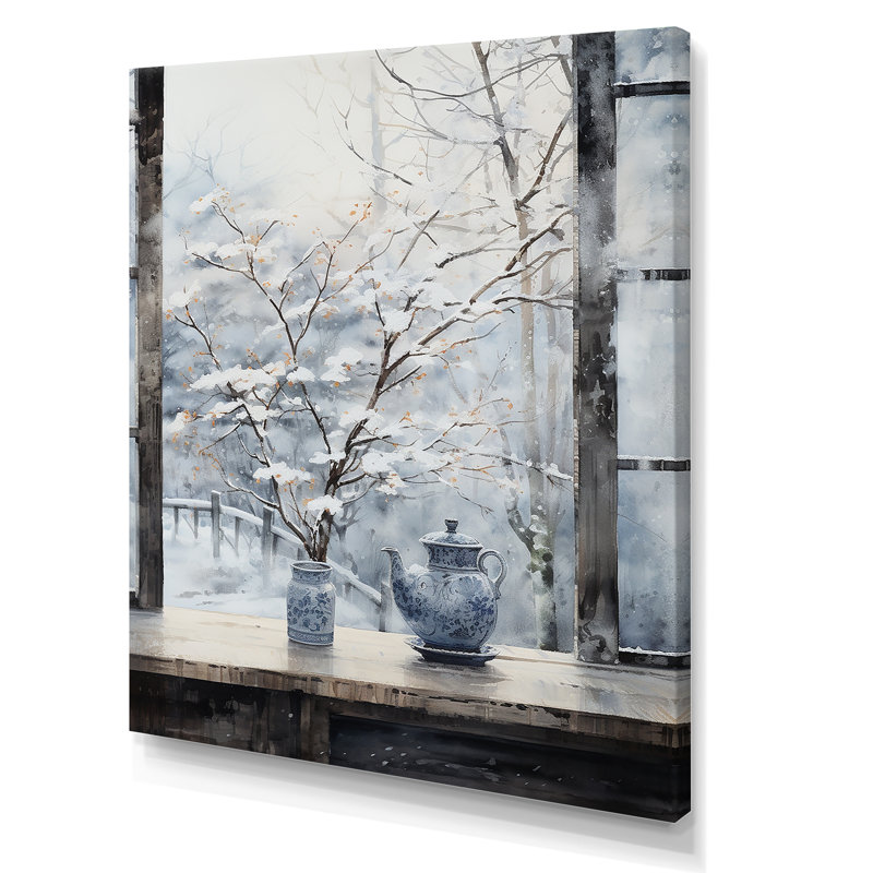 Art floral mural fenêtre de neige en hiver 3 - Japon, Toile tendue, H 32 po x l 24 po x P 1 po