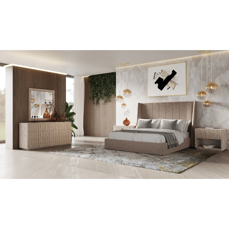 Bayldon Upholstered Wingback Bed, King, Taupe