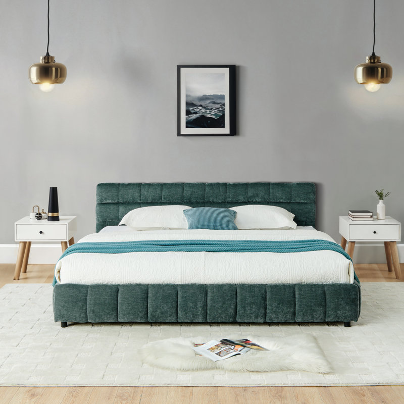 California King Size Upholstered Bed, Floor Platform Bed with 4 Drawers, Green