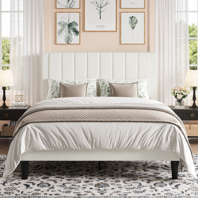 Velvet Upholstered Platform Bed With Headboard & Wooden Slats