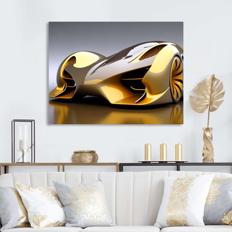 Futuriste voiture de luxe dorée I - impression sans cadre sur métal, H 16 po x l 32 po x P 1 po