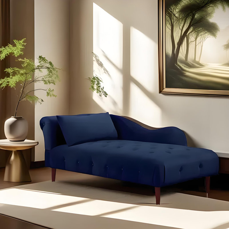 Retro elegant solid wood casual chaise lounge, Left Hand Facing, Blue