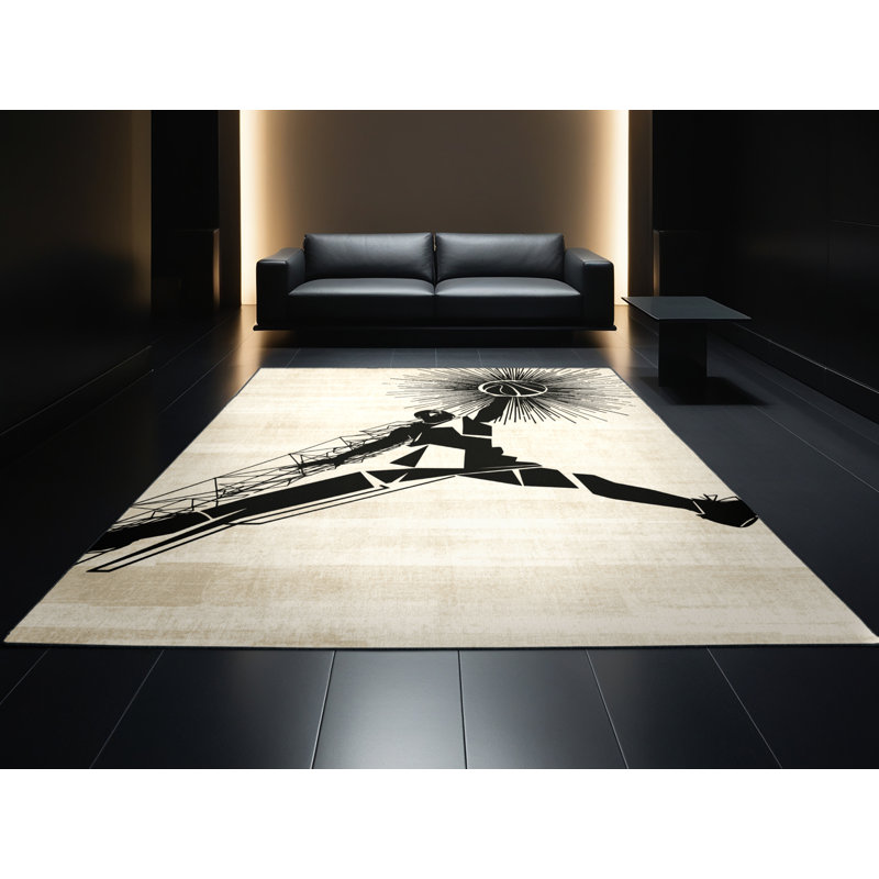 Machine Washable Cain Basketball Dunk Bold & Eclectic Modern Geometric Rug in Beige – Black Binding, 5x7