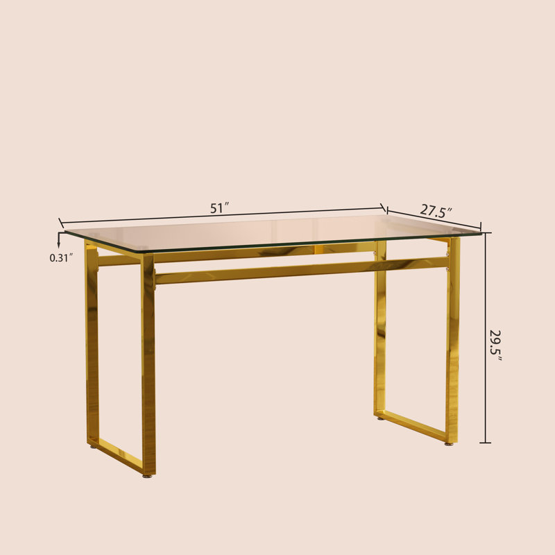 51" Modern Minimalist Rectangular Glass Dining Table for 4-6 with 0.31" Tempered Glass Tabletop and Golden Chrome Metal Legs