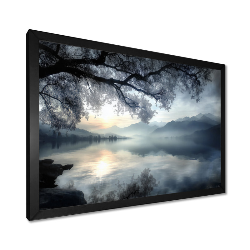 «Serene Lake At Dawn With First Light», impression d'art sur toile, paysage bleu, H 12 po x l 20 po, Cadre photo unique, Noir