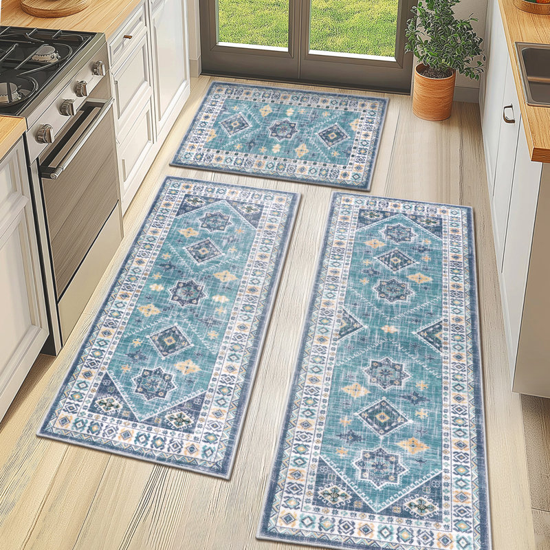 Machine Washable Non-Slip Kitchen Mat (Set of 3), Teal/Navy