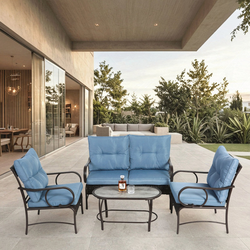 Ensemble de conversation en osier pour terrasse, Bleu