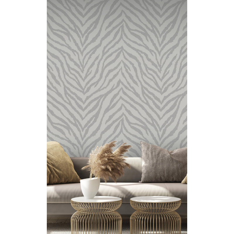 Taupe Metallic Zebra Lines Animal Print Wallpaper, Grey