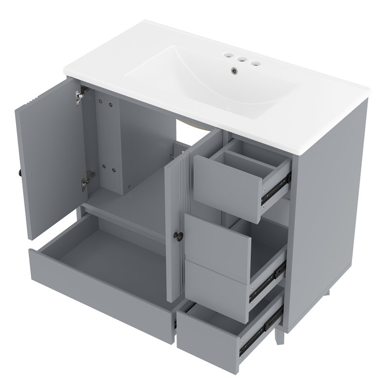 Meuble-lavabo autoportant avec lavabo, ensemble de meuble-lavabo simple avec lavabo en céramique, tiroirs et support de rangement latéral, armoire moderne en bois pour la salle de bain