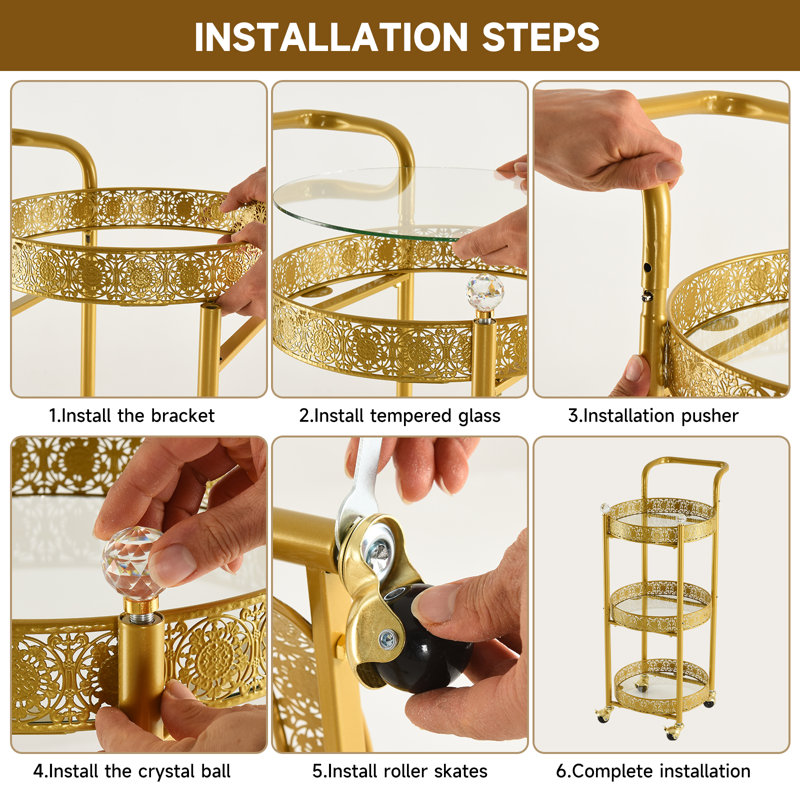 Gold Bar Carts For The Home Bar Serving Cart, Rolling Bar Cart Gold With Lockable Caster Wheels, Glass Bar Carts With 3 Mirrored Shelves, Storage Round Wine Carts For Kitchen, Party