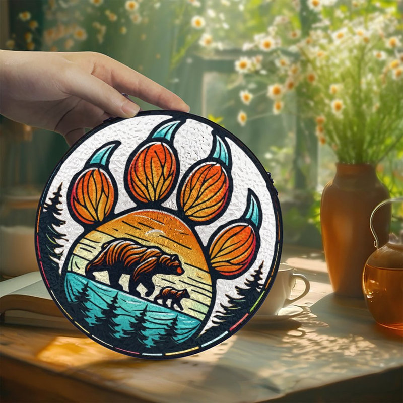 Patte d'ours avec vitrail de famille d'ours Suncatcher pour décoration de fenêtre, 7,8 x 7,8 po (20 x 20 cm)