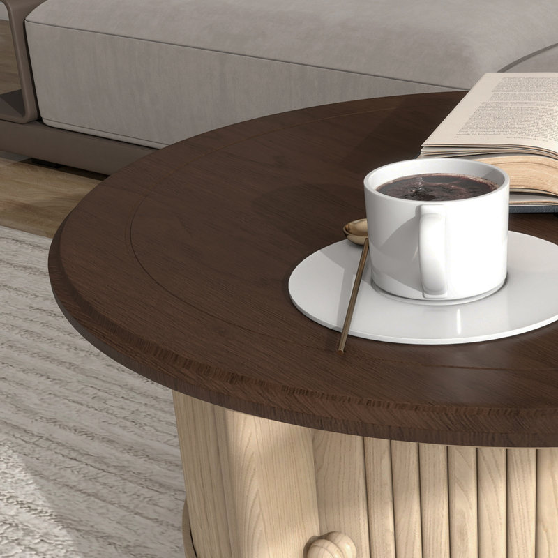 Mid-century Cocktail Table With Storage - 30.3" Wide, Solid Wood & Mdf, Multi-functional, Easy Assembly, Walnut, Beige