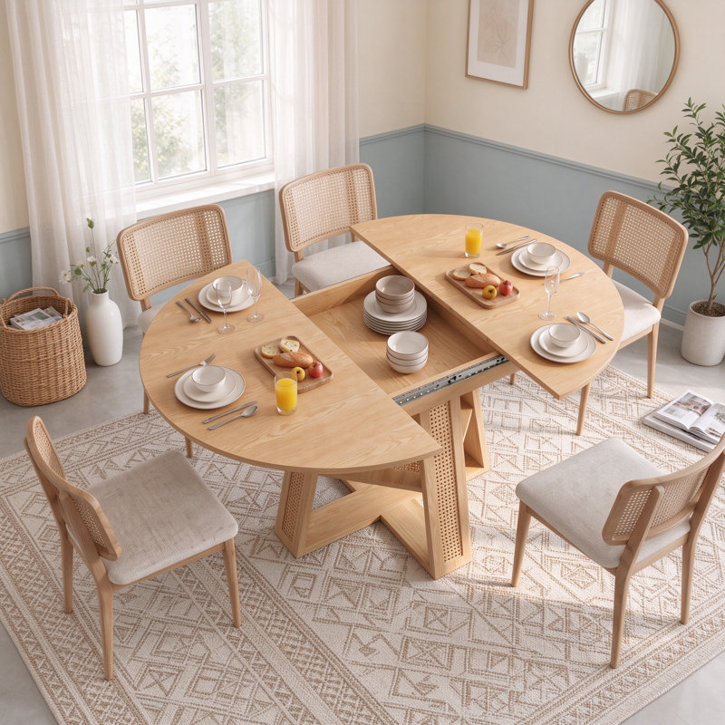 Table de salle à manger ronde extensible de 150 cm avec rallonge amovible, table de cuisine à base en forme de croix pour 4 à 6 personnes, bois naturel [imitation rotin]
