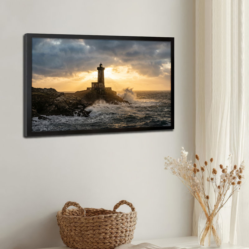 Art mural sur toile noir encadré pour le salon, la chambre à coucher, le bureau ou le vestibule - décoration murale décorative avec coucher de soleil phare