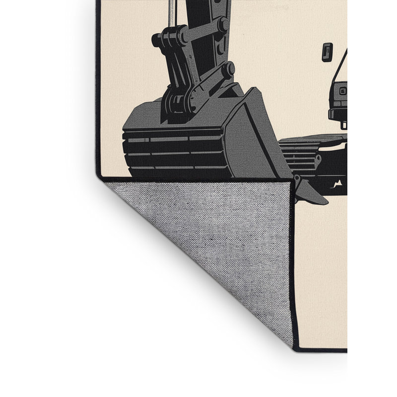 Machine Washable Maurice Excavator Construction Vehicle Industrial Block Print Rug in Beige – Black Binding, 8x12