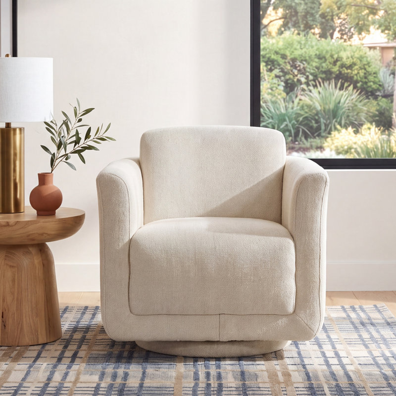 Scottie Upholstered Swivel Barrel Chair, Soft Ecru Performance Chenille
