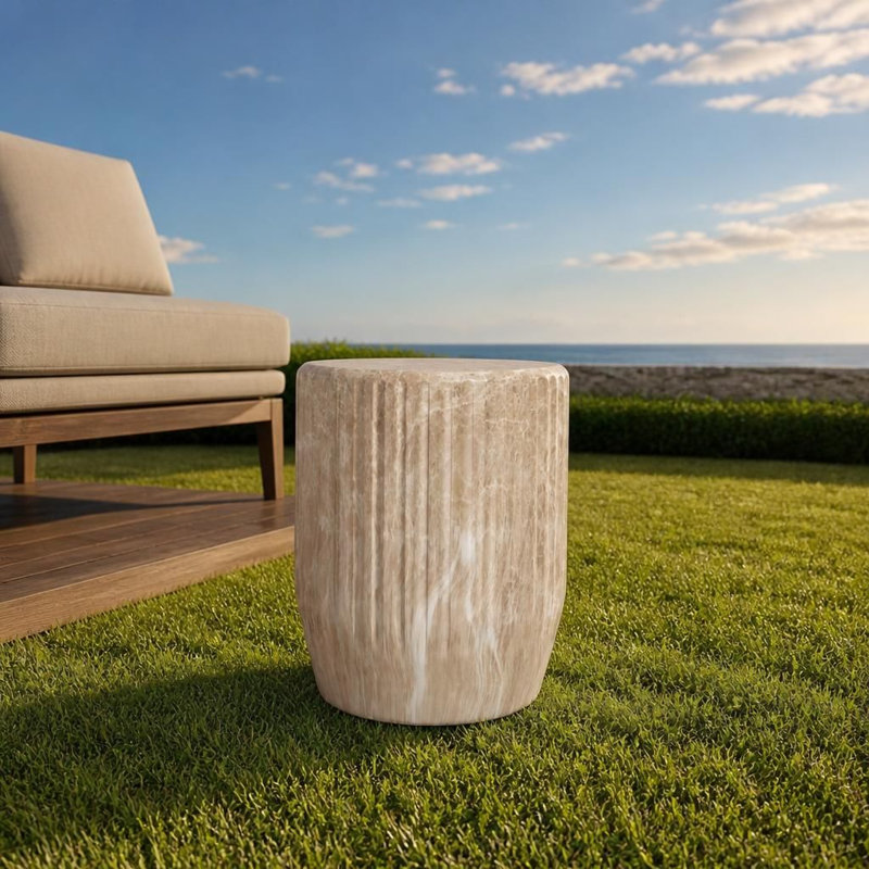 Outdoor Carved Side Table with Solid Pedestal Base and Half-Sphere Tabletop, Lightweight Concrete Multi-Functional End Table