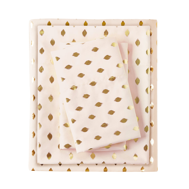 Metallic Polka Dot Printed Sheet Set, Full Sheet Set + 1 Fitted Sheet + 2 Pillowcases, Blush/Gold