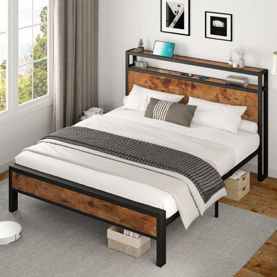 Platform Bed Frame With 2-tier Storage Headboard/ Charging Station