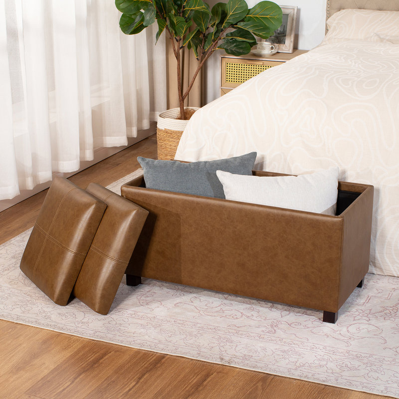 31" Rectangle Faux Leather Storage Ottoman With Flip-top Trays, Brown