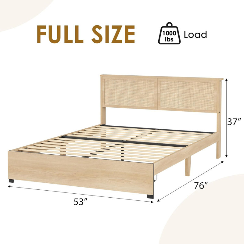 Rattan Bed Frame Full Size Bed Frame with 2 Drawers, Wooden Platform Bed with Rattan Headboard, Led Lights, Boho Storage Bed Frame, Noise Free, No Box Spring Needed