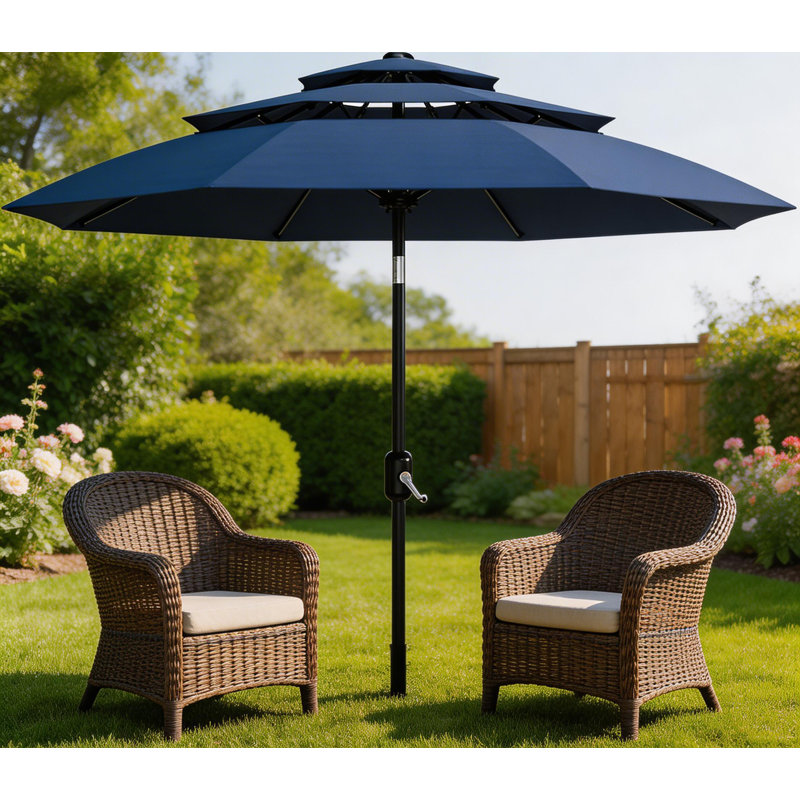 Parasol de patio à 3 niveaux 10 pi avec évents, manivelle et inclinaison faciles, Navy