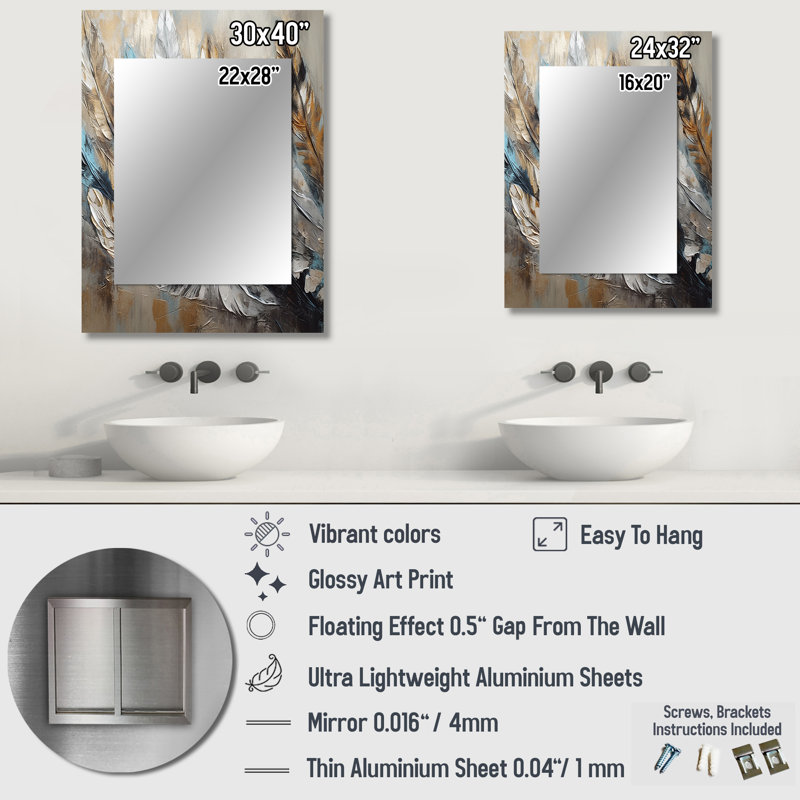 Gold Feather Extravaganza II - Glam Feather Unique Wall Mirror, Modern Mirror, Printed Metal Art, 32" x 24"