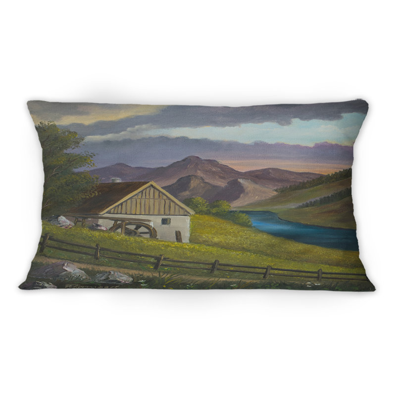 Coussin décoratif avec paysage de montagne avec un vieux moulin à une rivière - Lake House