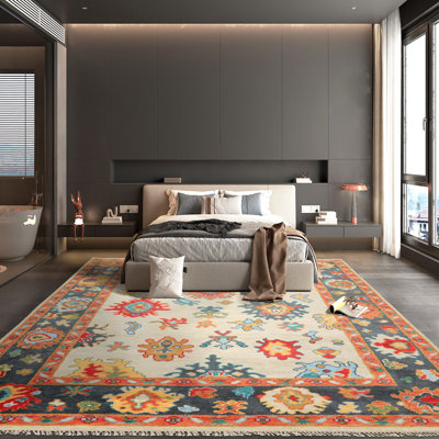 Tapis traditionnel gris en laine noué à la main 7 pi 11 po x 9 pi 11 po Oushak