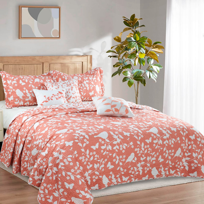 Polyester Floral Coverlet with Pillow Shams Included, Oversize King Coverlet+2 King Sham+3 Throw Pillow, Coral