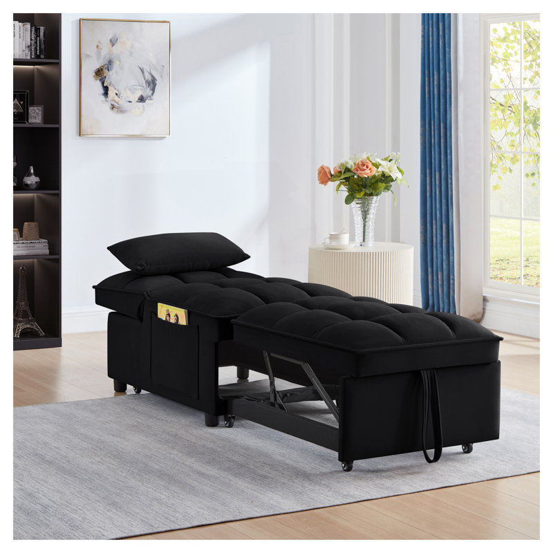Canapé-lit convertible 4-en-1 multifonctionnel avec poches de rangement - Canapé-lit simple capitonné avec dossier réglable, revêtement en velours, noir
