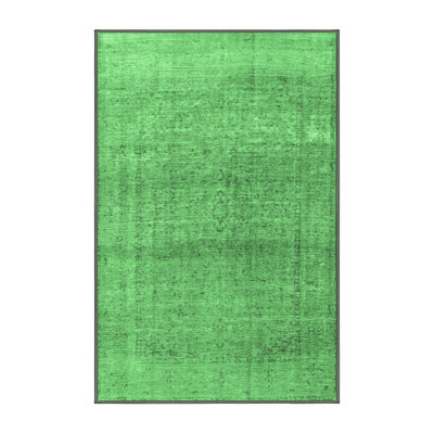 Tapis oriental vert / gris foncé en laine / polyester 7 pi x 10 pi fabriqué à la machine Eedie