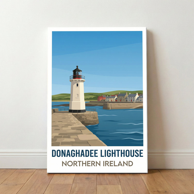 Donaghadee Lighthouse, Northern Ireland - Harbourside Romance Travel Poster. Giclee Print on Wrapped Canvas. Wall Art, Home Decor - Coastal & Maritime, Northern Ireland 1 Piece Wrapped Canvas Wall Art