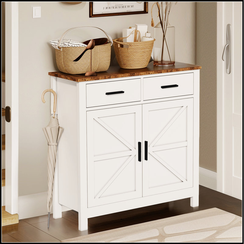 Modern Farmhouse Kitchen Storage Cabinet with 2 Drawers and 2 Doors, Organized and Stylish Home Decor, White