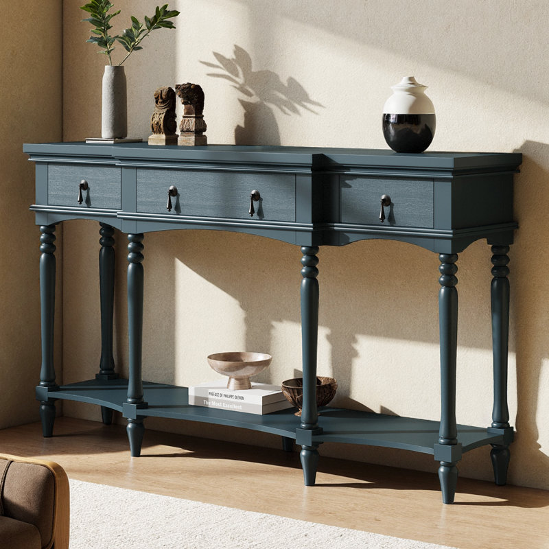 Console Traditional Traditional - 3 tiroirs à fermeture en douceur et tablette inférieure, structure en bois massif, pieds romains tournés, poignées en cuivre rétro, bleu pour le vestibule / le couloir / le salon