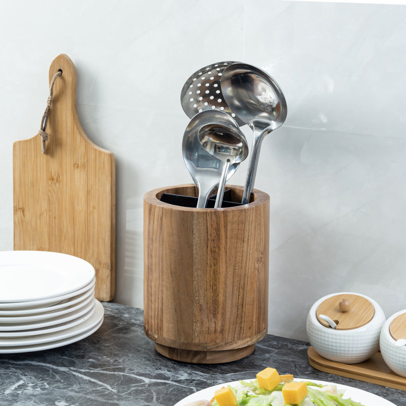 Solid Wood Cylinder Utensil Crock