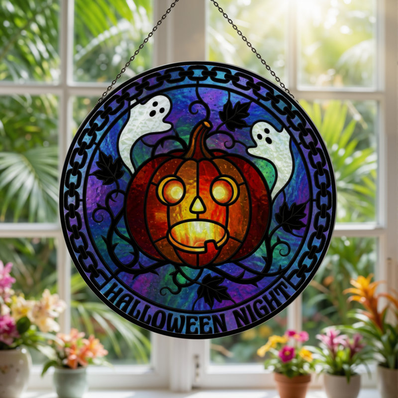 Panneau de vitrail en verre coloré 12 "H Pumpkin