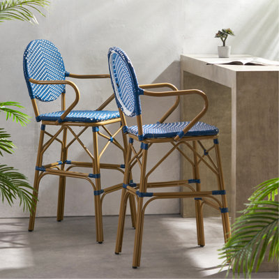 Outdoor Wicker And Aluminum 29.5" French Barstools, Set Of 2, Navy Blue, Bamboo Print Finish