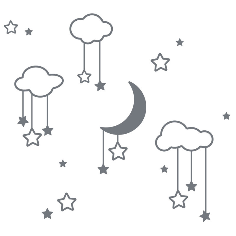 Décalcomanie murale étoiles et nuages lune, H 22 po x l 24 po x P 0,01 po, Gris orage