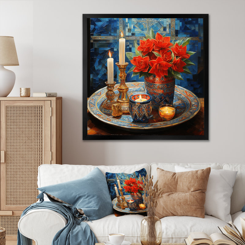 Judaïsme rouge, fête des lumières, Hanoukka, joie - art mural Judaïsme, Cadre simple noir, H 30 po x l 30 po x P 1,5 po