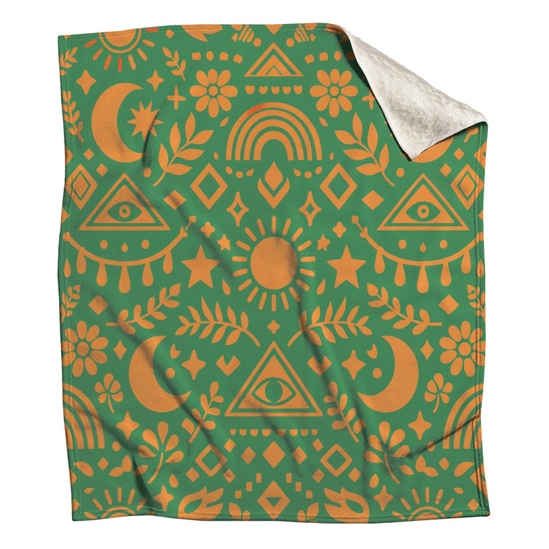 Green Orange Boho Pattern Blankets, 60in W x 80in H