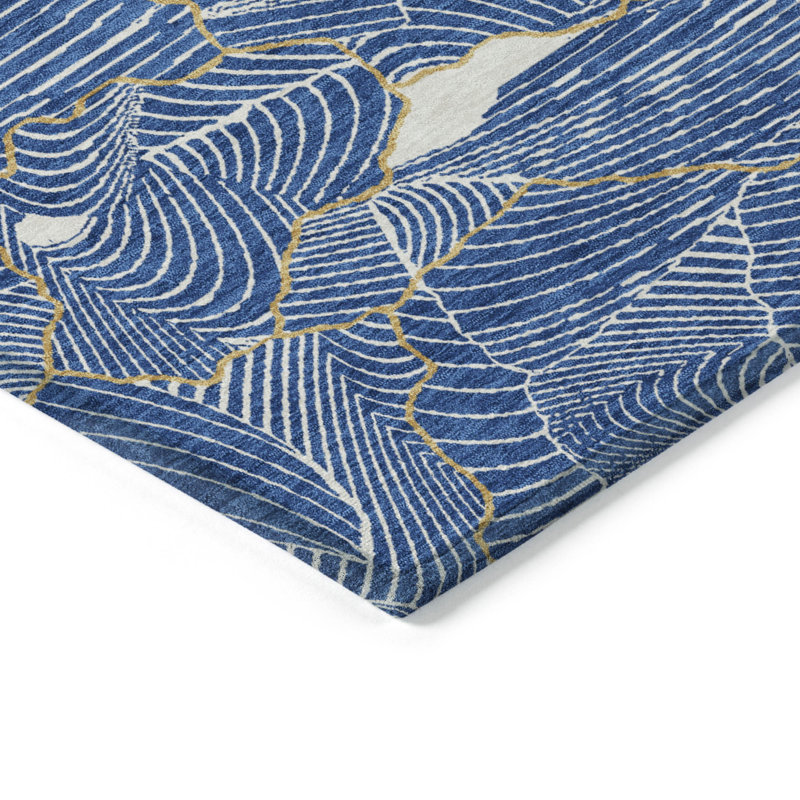 Blue Abstract Crackle Pattern Washable Synthetic Area Rug