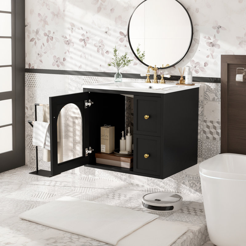 Baltique 24” Modern Wall Mount Bathroom Vanity with Ceramic Sink, Soft-Close Glass Door Cabinet and 2 Drawers, Black