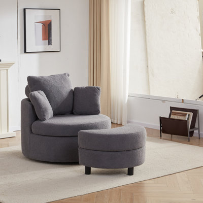 Round Oversized Swivel Barrel Chair with Half Moon Ottoman and Double Storage