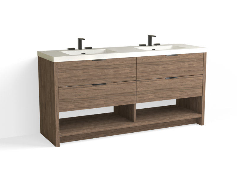 Vue 72" W Freestanding Double Bathroom Vanity, Nocino, Matte Black, Matte White/8" Widespread