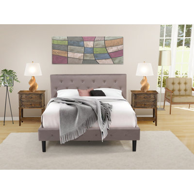 Ensemble de lit 3 pièces - Grand lit capitonné à boutons - Tête de lit tapissier en velours taupe brun et table de chevet à finition jacobine patinée